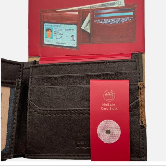Levi's Men's RFID-Blocking Extended Bifold Wallet Brown/ Tan 2-ID Windows - Picture 6 of 13